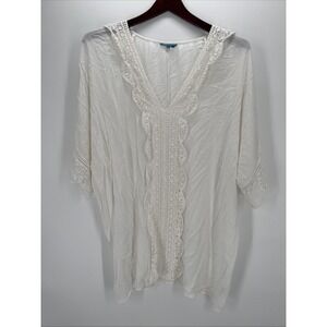 Blue Island Cover Up Dress Womens Medium‎ White Boho Beachy Crochet Lace Crinkle